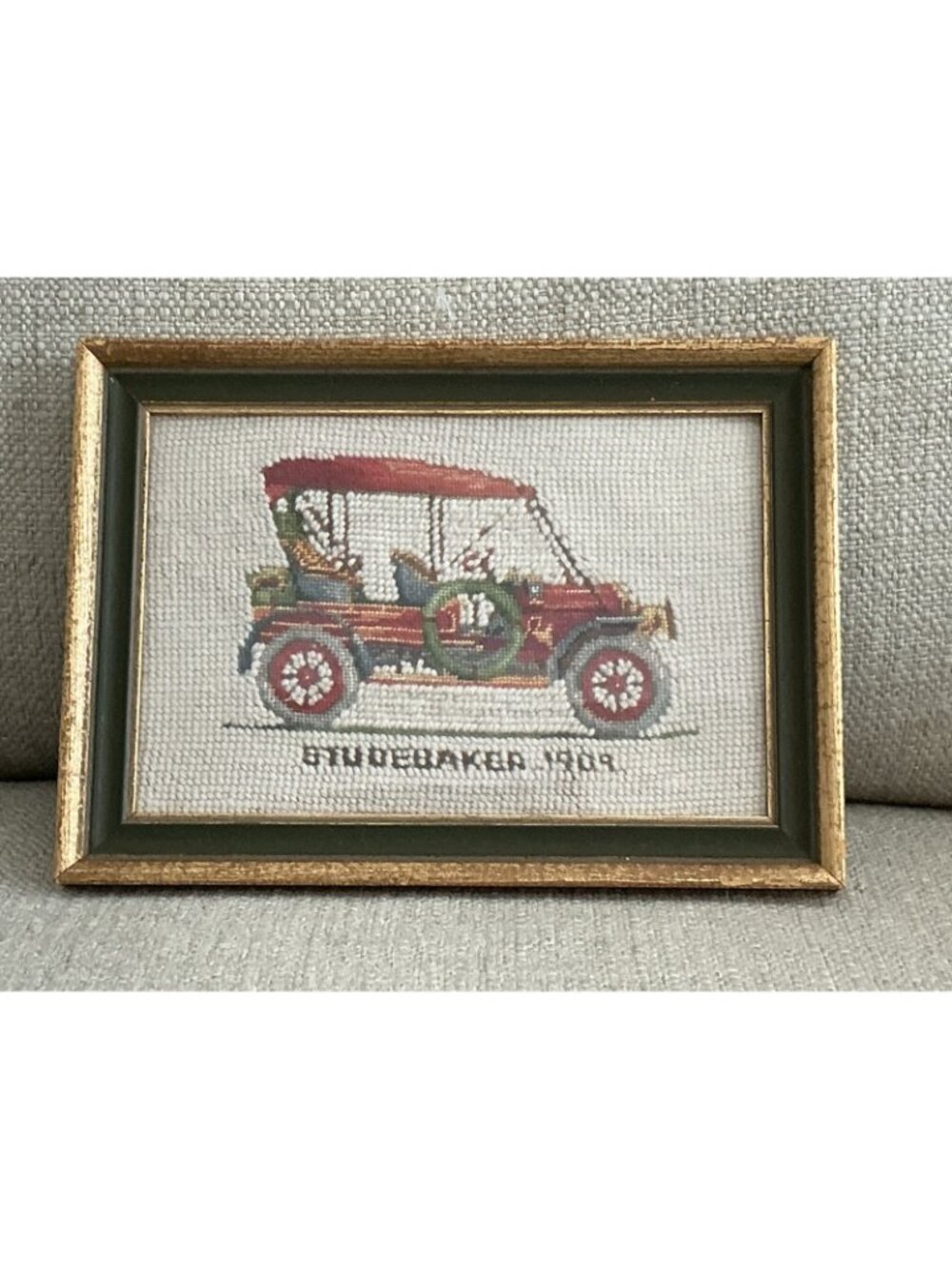 Pair Vintage Framed Needlepoint Antique Cars Studebaker & Cadillac 10.5x7.5 - Picture 2 of 7